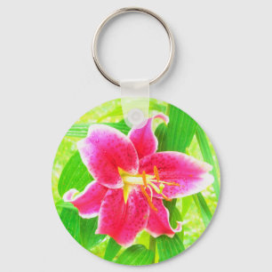 Pretty Deep Pink Stargazer Lily on Lime Green Keychain