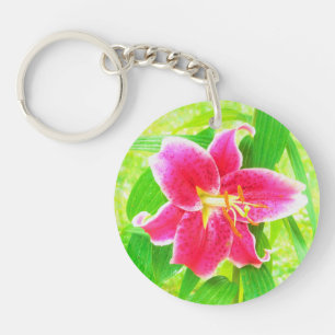 Pretty Deep Pink Stargazer Lily on Lime Green Keychain