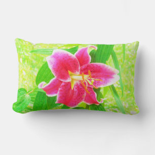 Pretty Deep Pink Stargazer Lily on Lime Green Lumbar Pillow
