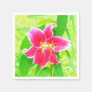 Pretty Deep Pink Stargazer Lily on Lime Green Napkin
