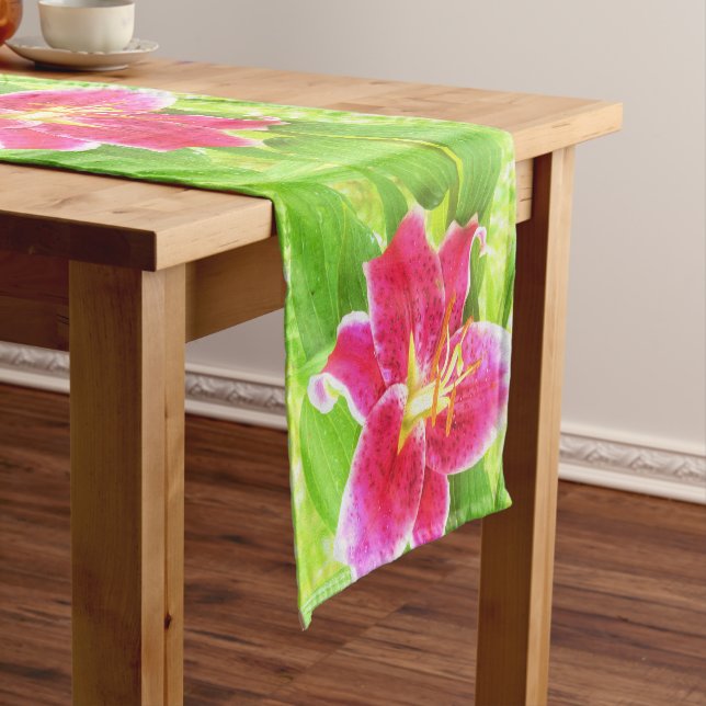 Pretty Deep Pink Stargazer Lily on Lime Green Short Table Runner (In Situ)