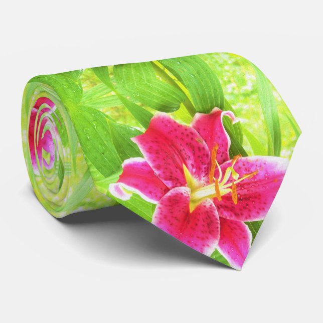 Pretty Deep Pink Stargazer Lily on Lime Green Tie (Rolled)