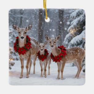 Pretty Deer Family Wreath Tree Ceramic Ornament
