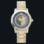 Pretty Diamond Wedding Ring with Photo on Blue Watch<br><div class="desc">This elegant custom watch has a diamond wedding ring look. The gold band forms a circle with silver clock numbers around the outside, the "12" replaced by the image of a diamond. It all stands out boldly on a dark blue background (see colour variations under "Weddings" in our store), which...</div>