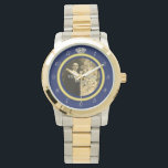 Pretty Diamond Wedding Ring with Photo on Blue Watch<br><div class="desc">This elegant custom watch has a diamond wedding ring look. The gold band forms a circle with silver clock numbers around the outside, the "12" replaced by the image of a diamond. It all stands out boldly on a dark blue background (see colour variations under "Weddings" in our store), which...</div>