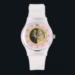 Pretty Diamond Wedding Ring with Photo on Pink Watch<br><div class="desc">This elegant custom watch has a diamond wedding ring look. The gold band forms a circle with silver clock numbers around the outside, the "12" replaced by the image of a diamond. It all stands out boldly on a pink background (see colour variations under "Weddings" in our store), which has...</div>