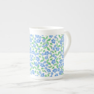 Pretty Ditsy Blue Green White Periwinkle Flowers Bone China Mug