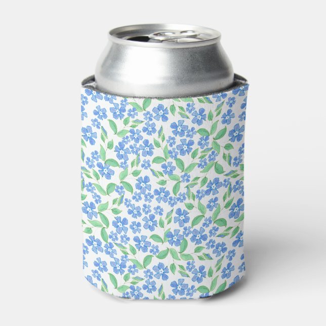 Pretty Ditsy Blue Green White Periwinkle Flowers Can Cooler (Can Front)
