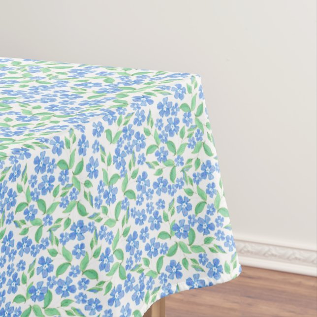 Pretty Ditsy Blue Green White Periwinkle Flowers Tablecloth (In Situ)