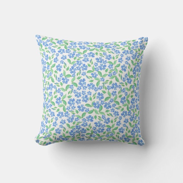 Pretty Ditsy Blue Green White Periwinkle Flowers Throw Pillow (Front)