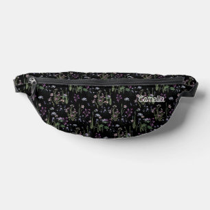 Pretty Ditsy FLoral Pattern Black Violet Name Fanny Pack