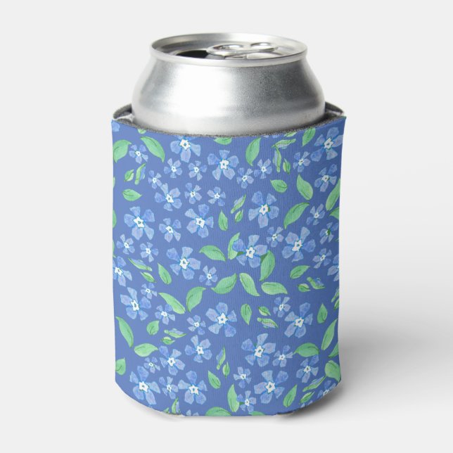 Pretty Ditsy Periwinkle Blue Green Floral Pattern Can Cooler (Can Front)