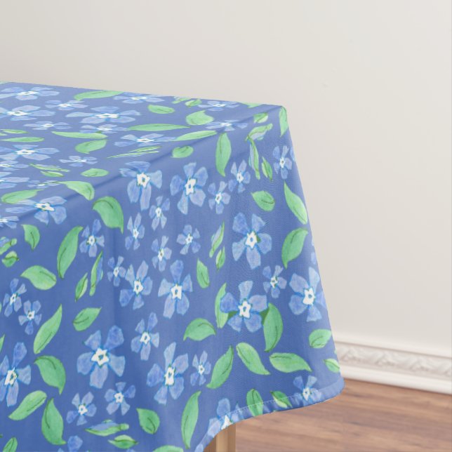 Pretty Ditsy Periwinkle Blue Green Floral Pattern Tablecloth (In Situ)