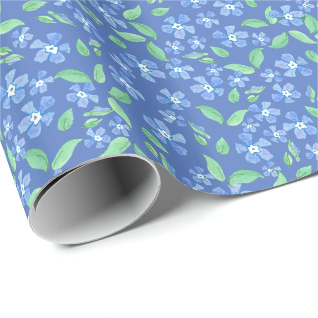 Pretty Ditsy Periwinkle Blue Green Floral Pattern Wrapping Paper (Roll Corner)