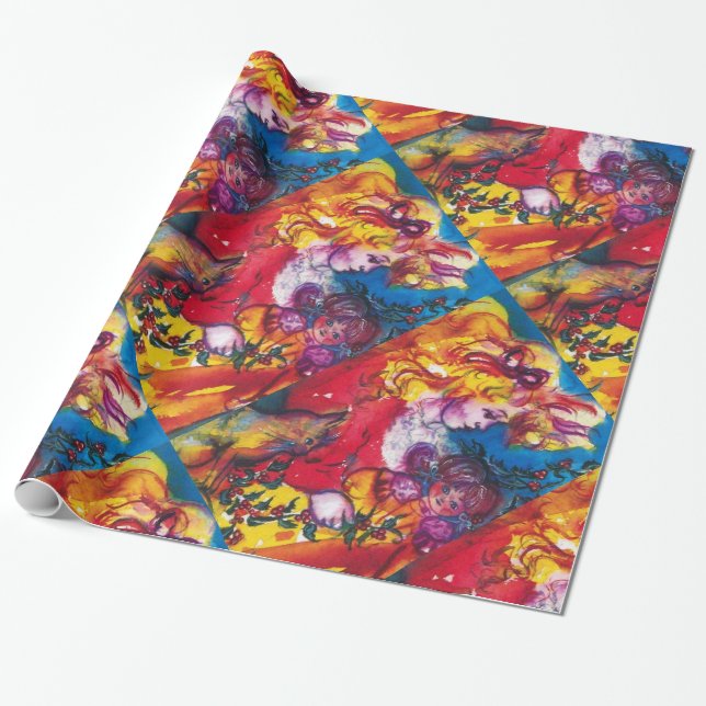 PRETTY DOLL ,CAT AND CHRISTMAS ORNAMENTS WRAPPING PAPER (Unrolled)