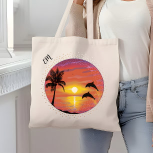 Pretty Dolphins Playing in the Sunset Initials Tote Bag