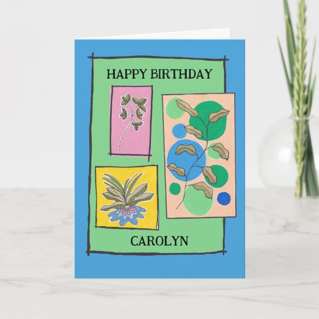 Pretty doodle art 3 plants, birthday, personalized card (Front)