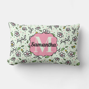 Pretty Doodle Daisy Flowers Cute Pattern Monogram Lumbar Pillow