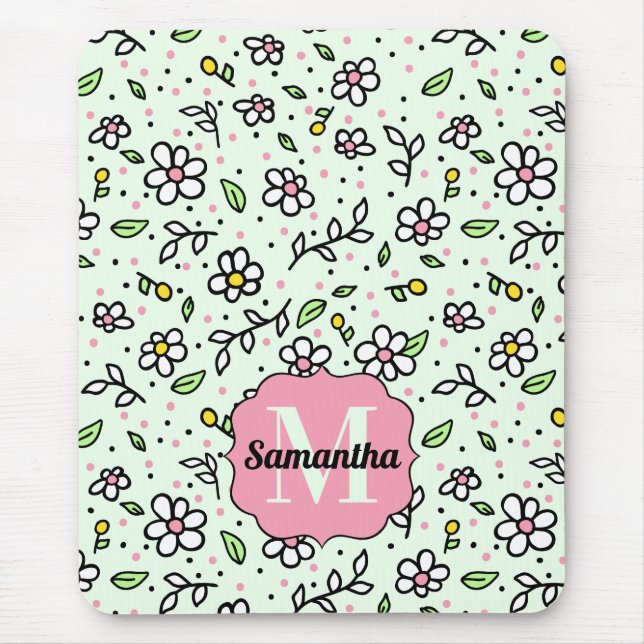 Pretty Doodle Daisy Flowers Cute Pattern Monogram Mouse Pad (Front)