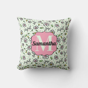 Pretty Doodle Daisy Flowers Cute Pattern Monogram Throw Pillow
