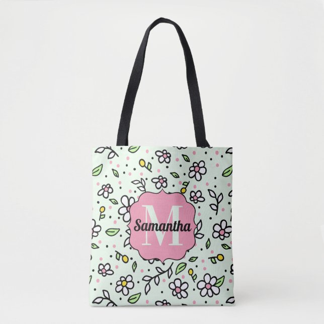 Pretty Doodle Daisy Flowers Cute Pattern Monogram Tote Bag (Front)