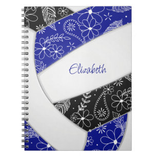 pretty doodle pattern blue black boho volleyball notebook