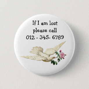 Pretty Dove with rose, Child Emergency Contact 2 Inch Round Button