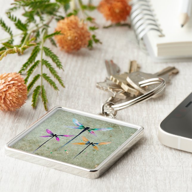 Pretty dragonflies watercolor rustic keychain (Side)
