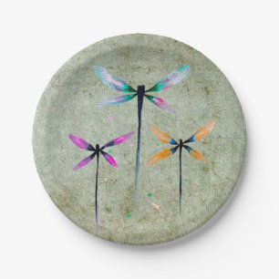 Pretty dragonflies watercolor rustic paper plate
