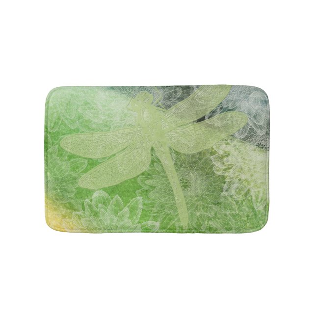Pretty Dragonfly And Flower Art In Greens Bath Mat (Front)