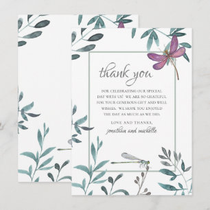 Pretty Dragonfly Garden Greenery on White Wedding Thank You Card