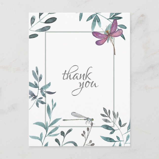Pretty Dragonfly Garden Greenery, White Thank You Postcard (Front)