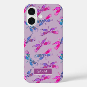 Pretty Dragonfly Purple Blue Pattern Personalised iPhone 16 Case