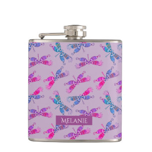 Pretty Dragonfly Purple Blue Pattern Personalised Hip Flask