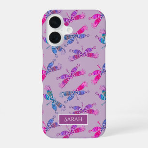 Pretty Dragonfly Purple Blue Pattern Personalised iPhone 16 Case