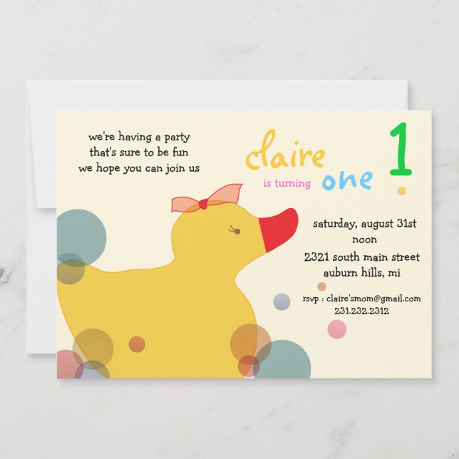 Pretty Ducky - yellow  birthday invitations (Front)