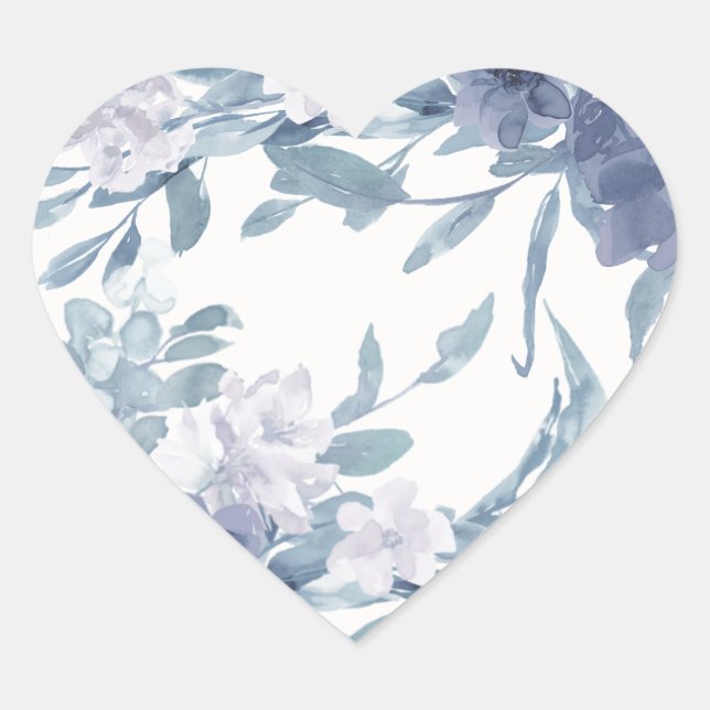 Pretty Dusty Blue Botanical Floral Wedding Heart Sticker (Front)