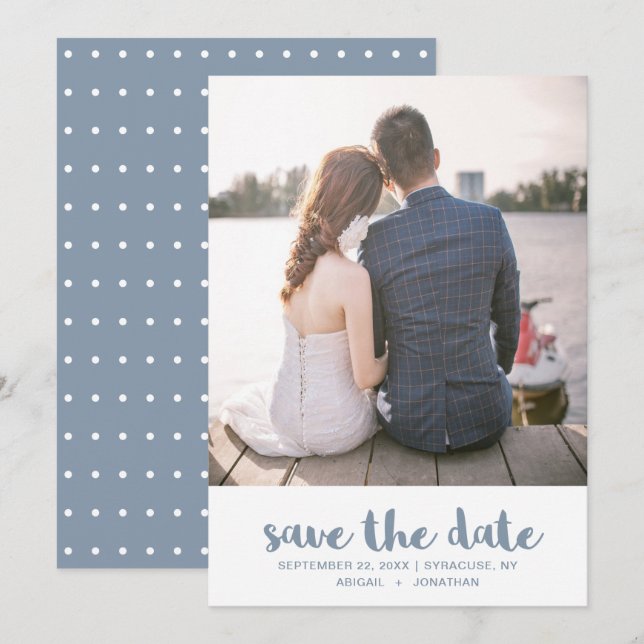 Pretty Dusty Blue Polka Dots Photo Wedding Save The Date (Front/Back)