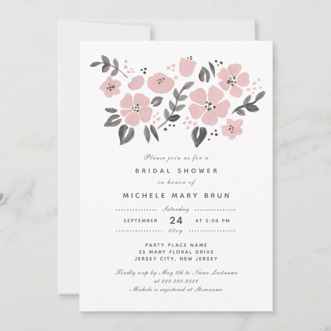 Pretty Dusty Blush Pink Floral Bridal Shower Invitation (Front)
