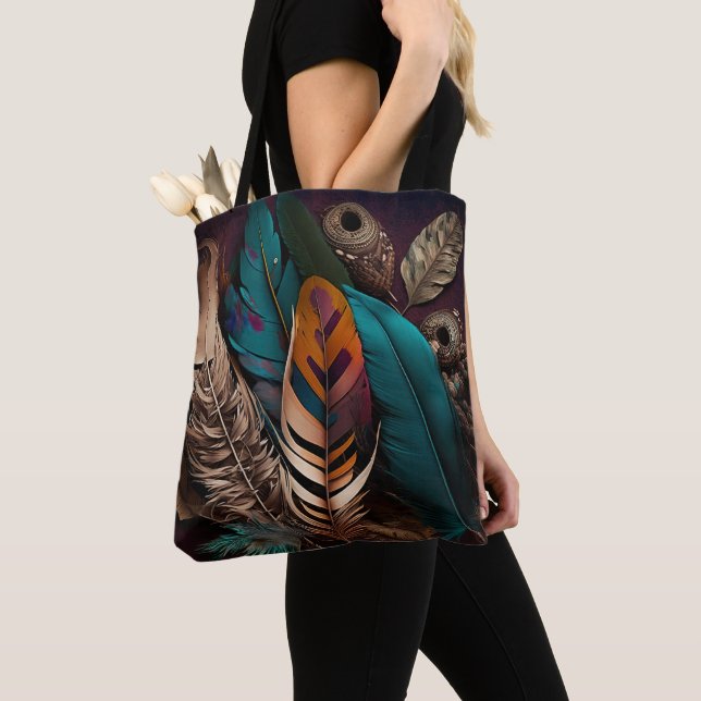 PRETTY EARTH TONED BOHO FEATHERS TOTE BAG (Close Up)
