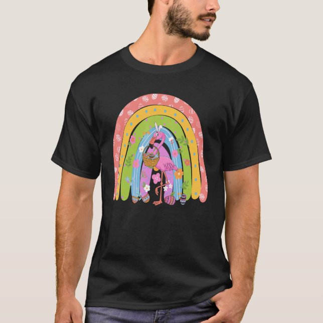 Pretty Easter Flamingo Rainbow Bunny With Easter B T-Shirt (Front)