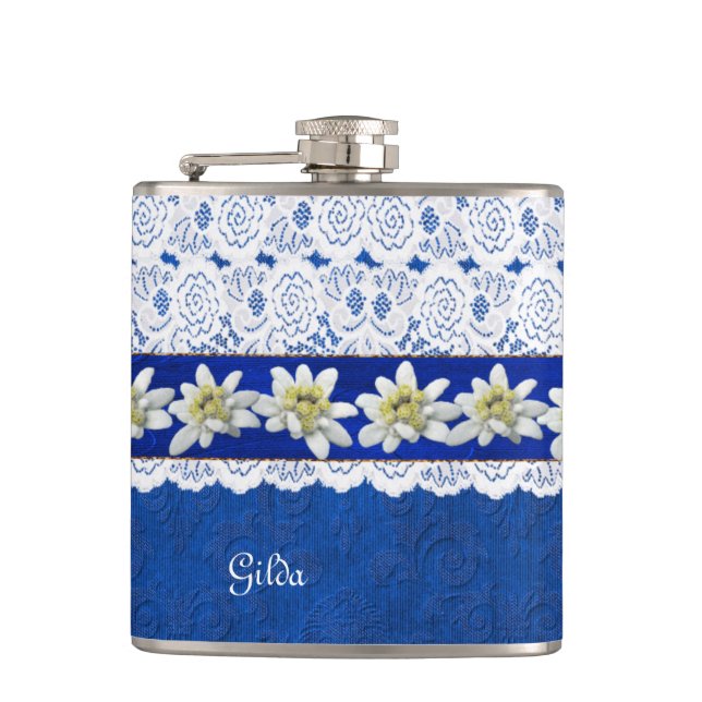 Pretty Edelweiss and Lace Custom Flask (Front)