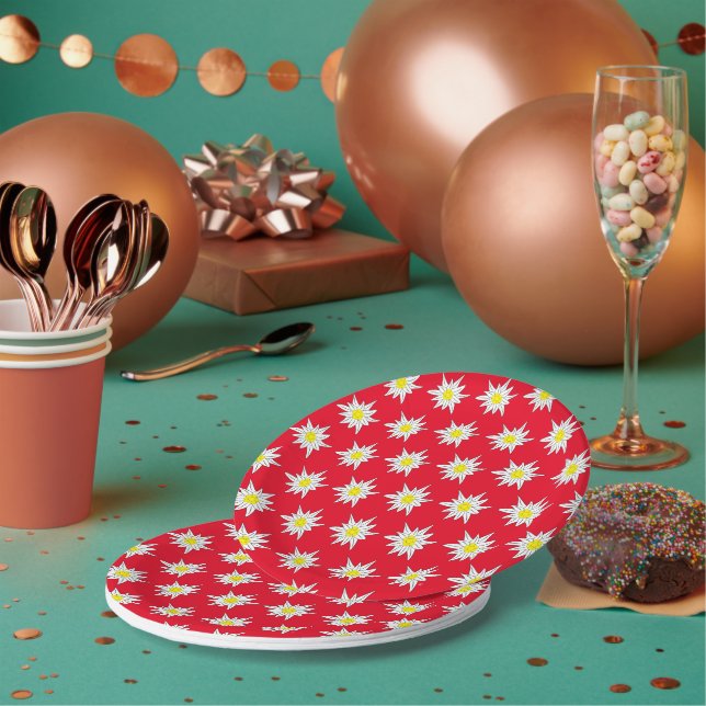 Pretty Edelweiss Pattern Red Round Paper Plate (Multi)
