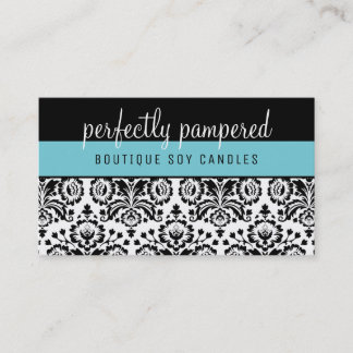PRETTY ELEGANT DAMASK pattern black bright blue Business Card