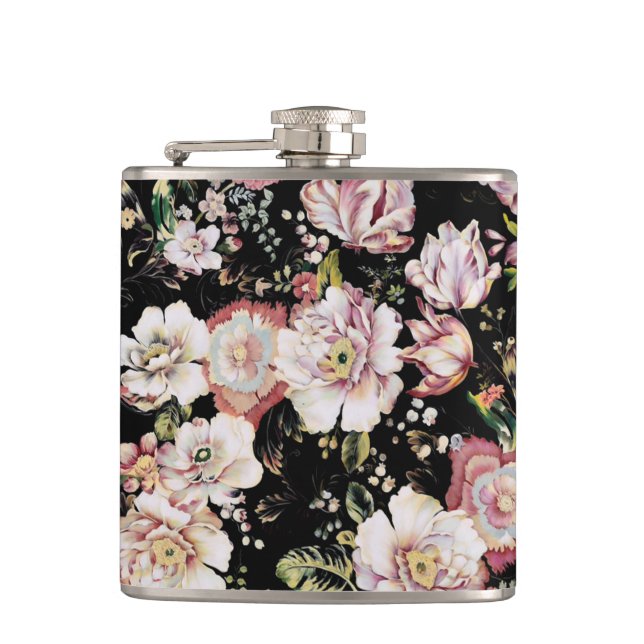 pretty elegant girly chic pink black floral hip flask (Front)