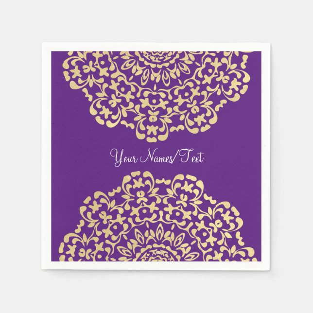 Pretty Elegant Gold Deep Purple Lacy Patterned Napkin (Front)