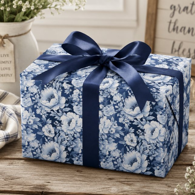 Pretty Elegant Indigo Blue Floral Pattern Wrapping Paper (Creator Uploaded)
