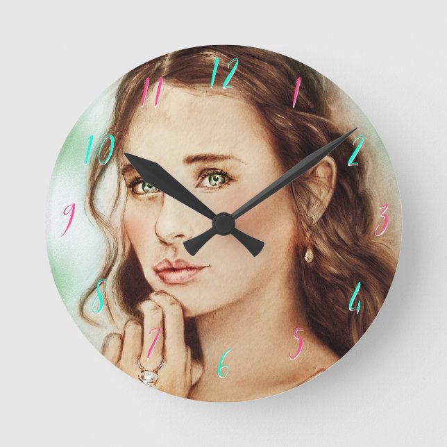 Pretty Elegant Lady Round Clock, Vintage Art Clock (Front)