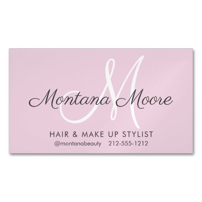 Pretty Elegant Monogram Pink Make Up Hair Salon  Magnetic Business Card (Front)