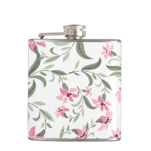 Pretty Elegant Pink Floral Pattern White Hip Flask
